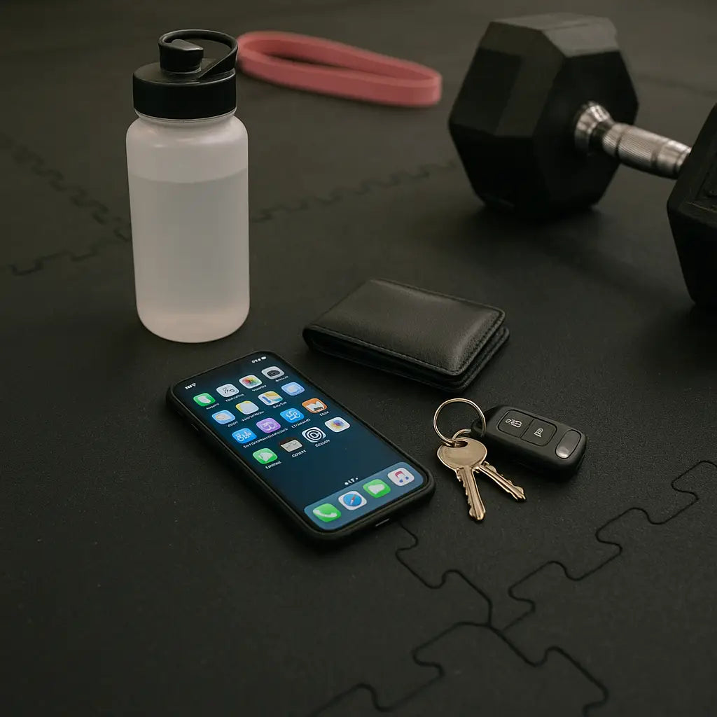 Gym essentials including phone, wallet, keys, water bottle, and a dumbbell lying on the gym floor.
