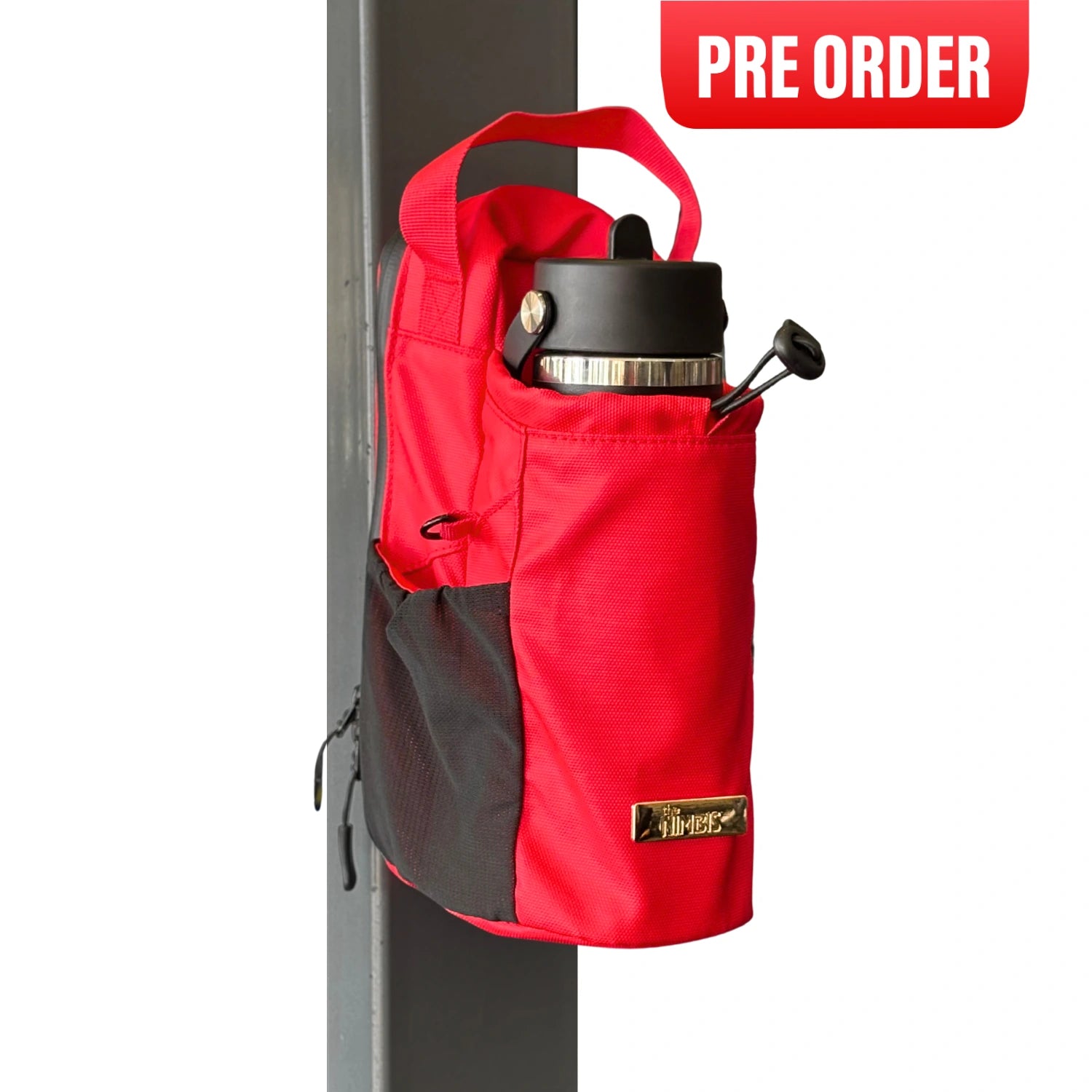 Red and black magnetic gym bag with a water bottle on a white background, featuring a 'Pre Order' label.