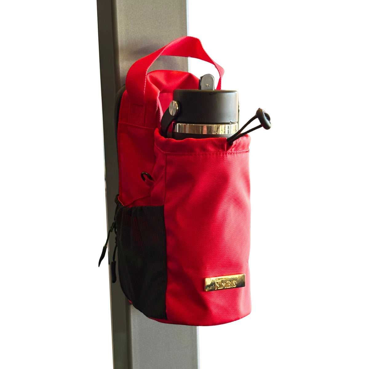 Red Nimbis magnetic gym bag holding a shaker bottle, attached to a metal gym rack on a white background.
